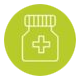 Icon of a medicine bottle with a cross symbol, outlined in white on a green circular background.