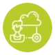 Icon of a person connected to a cloud and a gear, set against a green circular background.