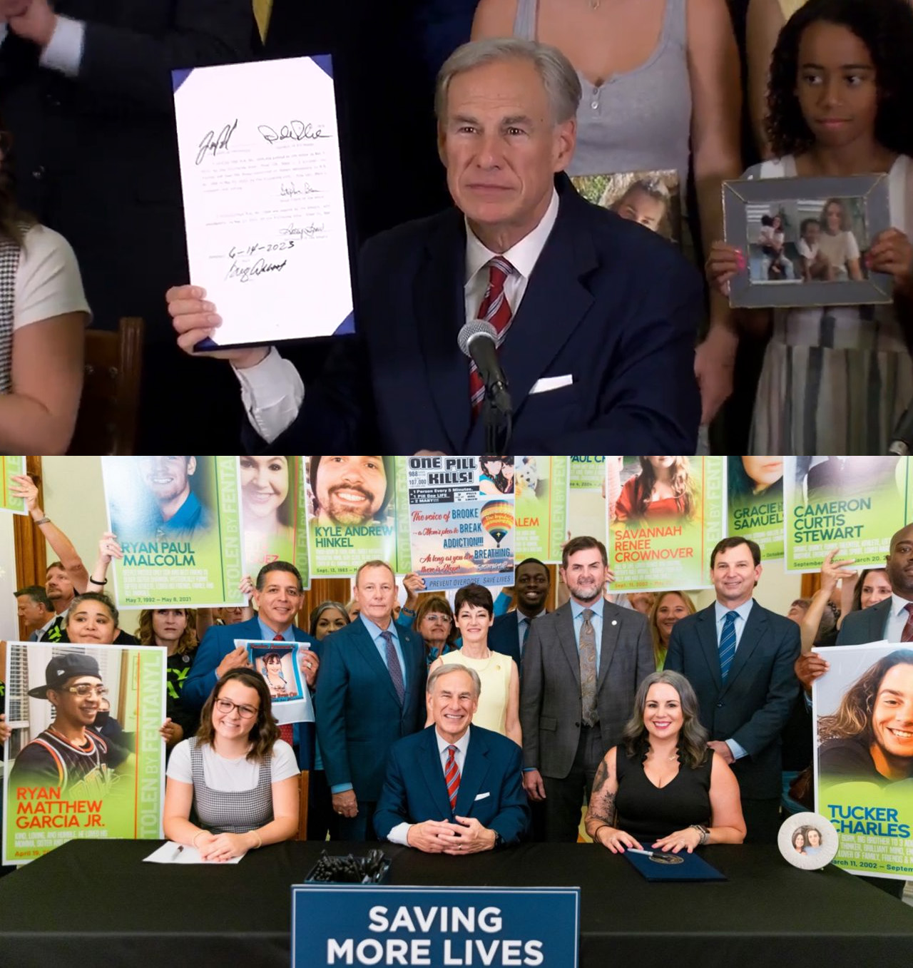 A man holds a signed document while seated among others, with various posters related to saving lives displayed in the background.