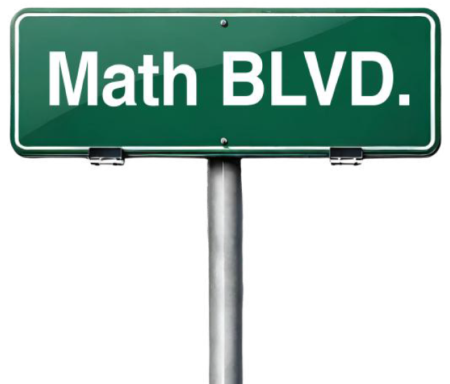 A green street sign with white text reads "Math BLVD." mounted on a metal pole against a white background.