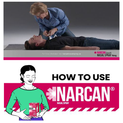 A person administers Narcan nasal spray to another person lying on the ground; below is an illustrated guide titled "How to use Narcan Nasal Spray.