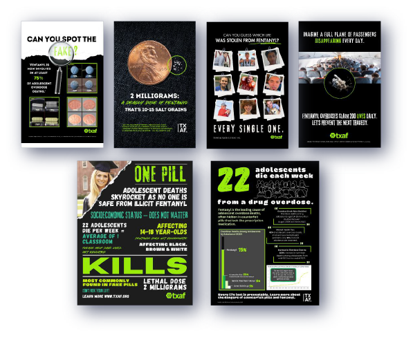 A set of six informational posters about fentanyl, its potency, dangers, and effects on adolescents, using bold text, images, and statistics to raise awareness.