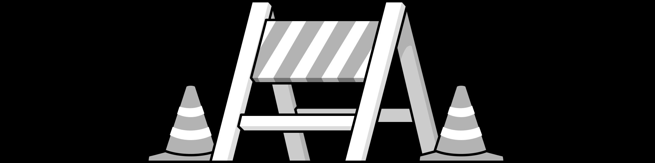 A striped construction barricade stands between two traffic cones against a black background.