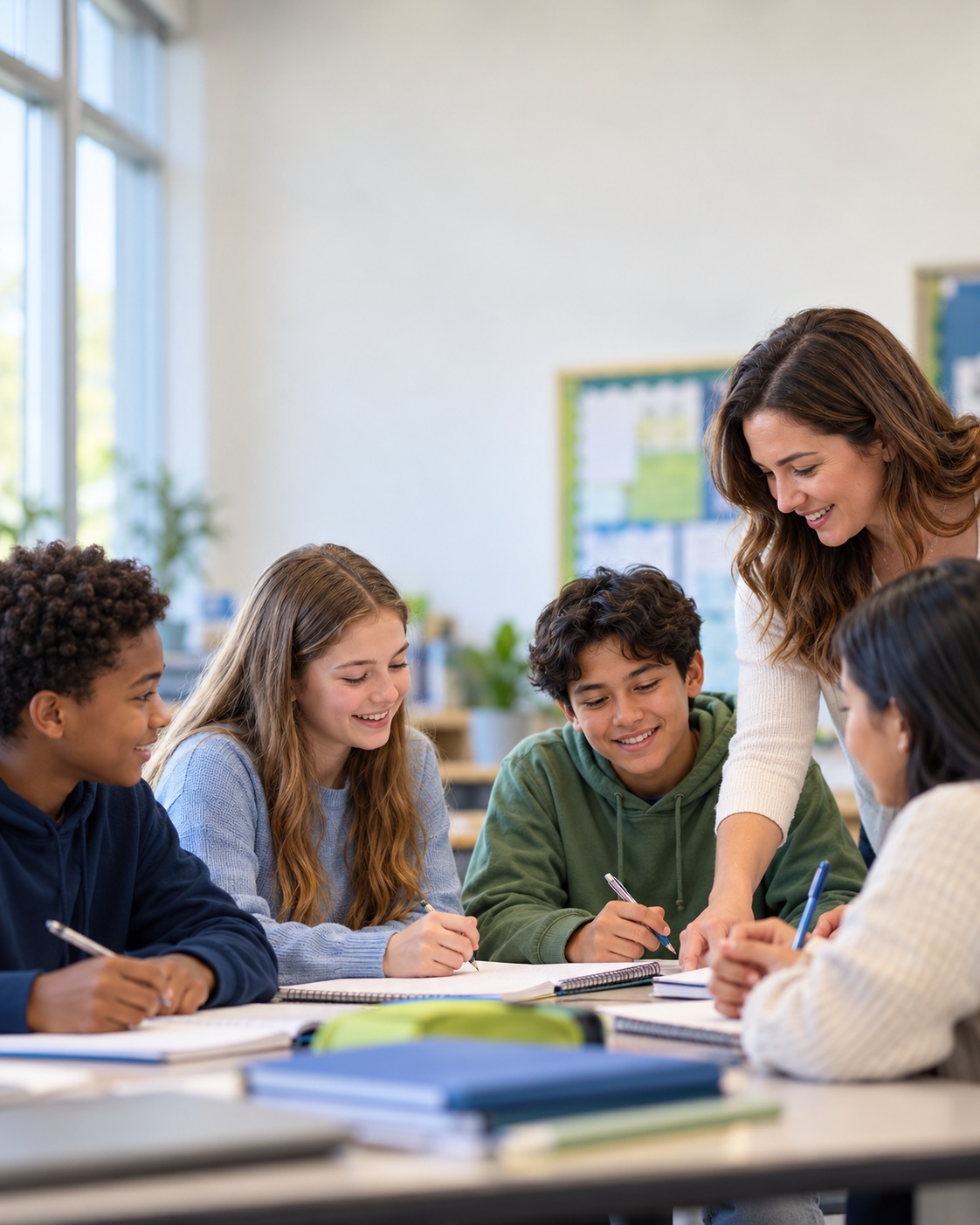 Teacher guiding students during a classroom lesson